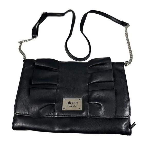 Nicole Miller Handbags - Nicole Miller black vegan leather ruffle and chain embellished crossbody purse